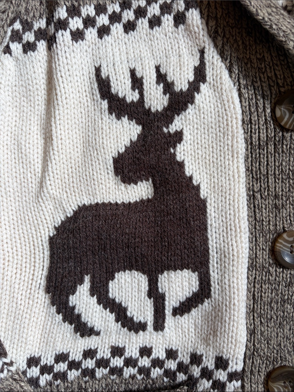 Bluenotes Brown and White Shawl Collar Reindeer Knit Cardigan - Women's Large - Picture 5 of 12